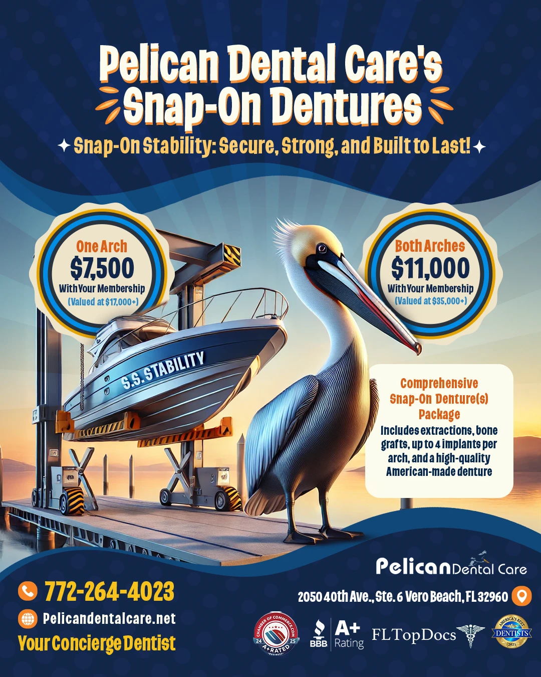 Promotional flyer for Snap-On (Snap-In) Dentures by Pelican Dental Care in Vero Beach, Florida. Includes pricing for one arch and both arches, with membership-exclusive rates and comprehensive package details.
